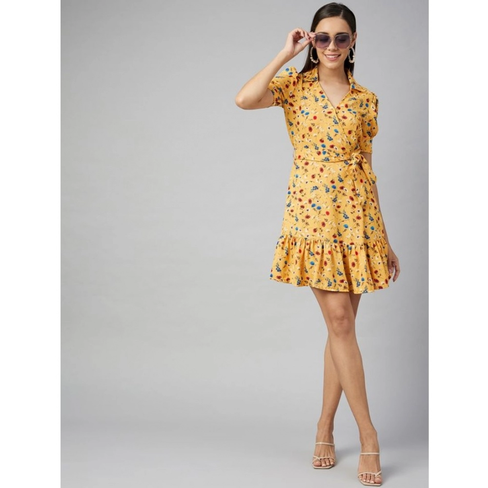 Generic Women's Polyester Floral Short Sleeve Above Knee Dress (Yellow) - Image 6