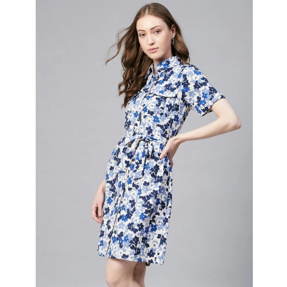 Generic Women's Polyester Floral Short Sleeve Above Knee Dress (Blue - White) - Image 4
