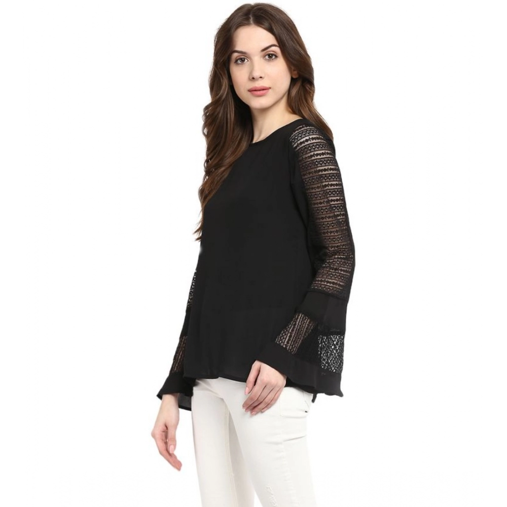 Generic Women's Polyester Georgette Self Design Bell Sleeve Regular Top (Black) - Image 3