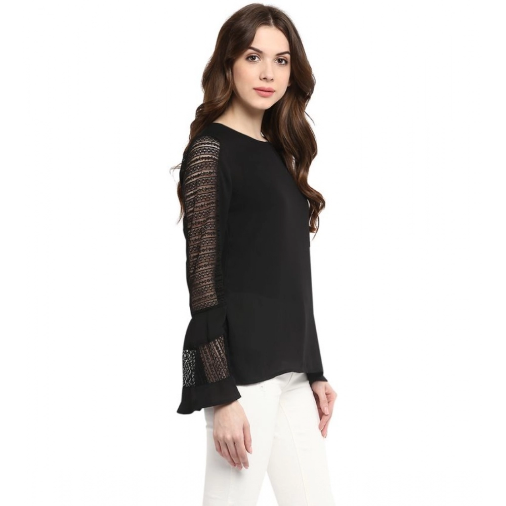 Generic Women's Polyester Georgette Self Design Bell Sleeve Regular Top (Black) - Image 4