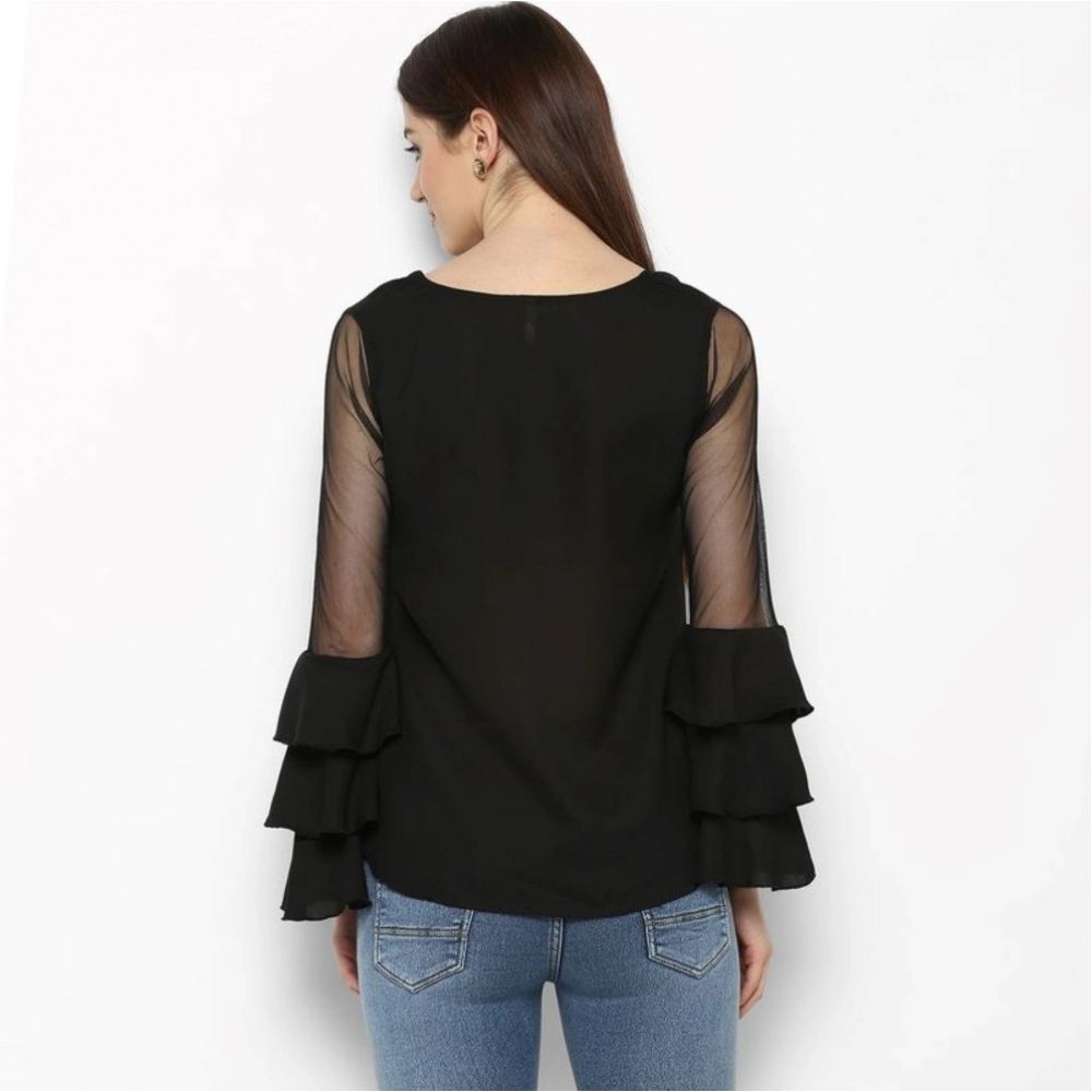 Generic Women's Polyester Solid Tier Sleeve Top (Black) - Image 7