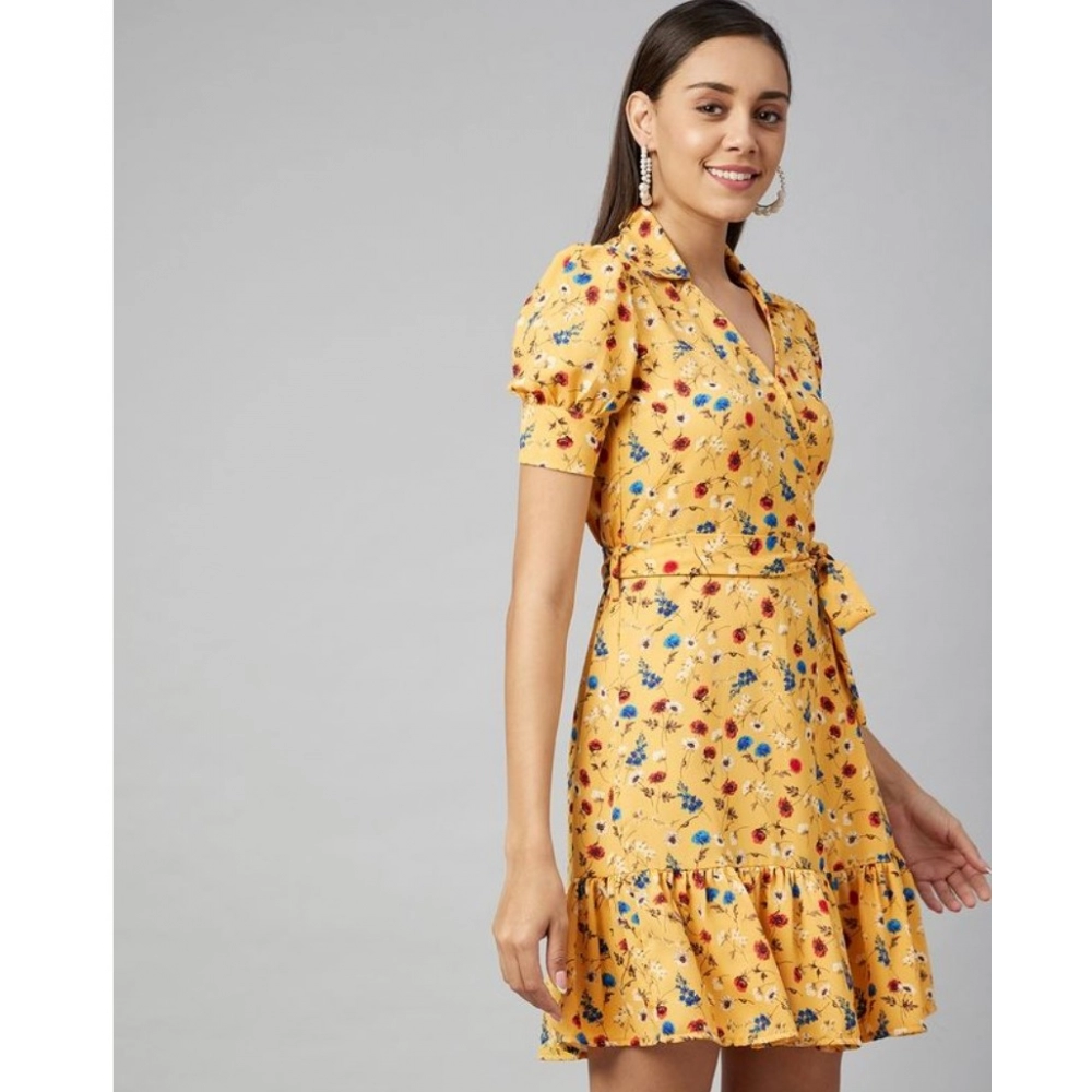 Generic Women's Polyester Floral Short Sleeve Above Knee Dress (Yellow) - Image 3