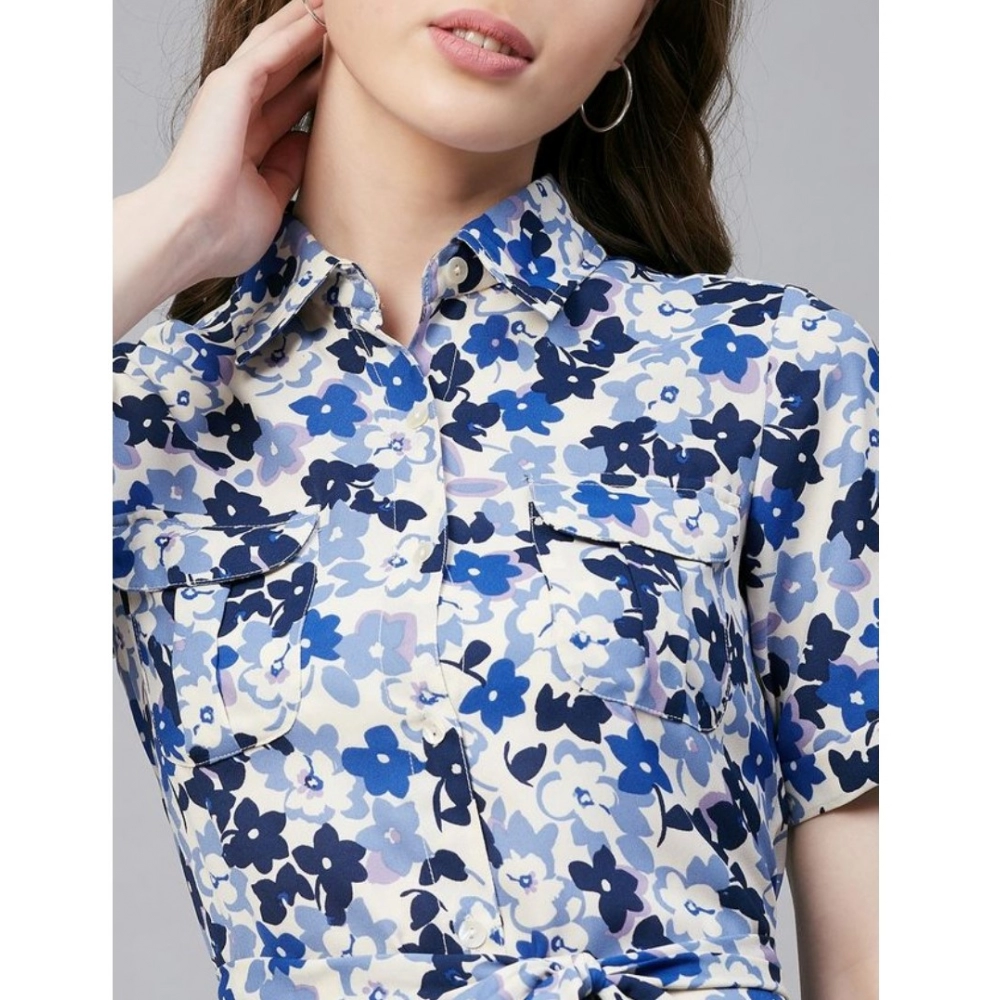 Generic Women's Polyester Floral Short Sleeve Above Knee Dress (Blue - White) - Image 2