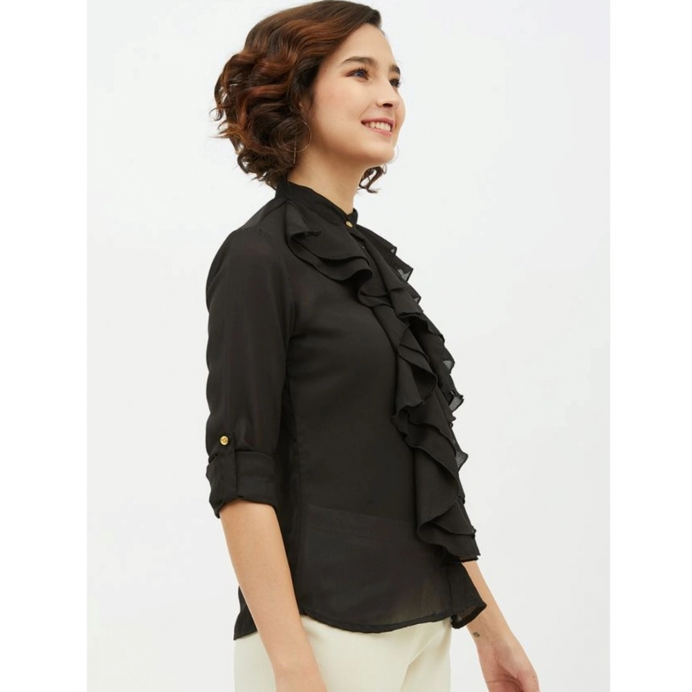 Generic Women's Polyester Ruffled Long Sleeves Standard Length Shirt (Black) - Image 4