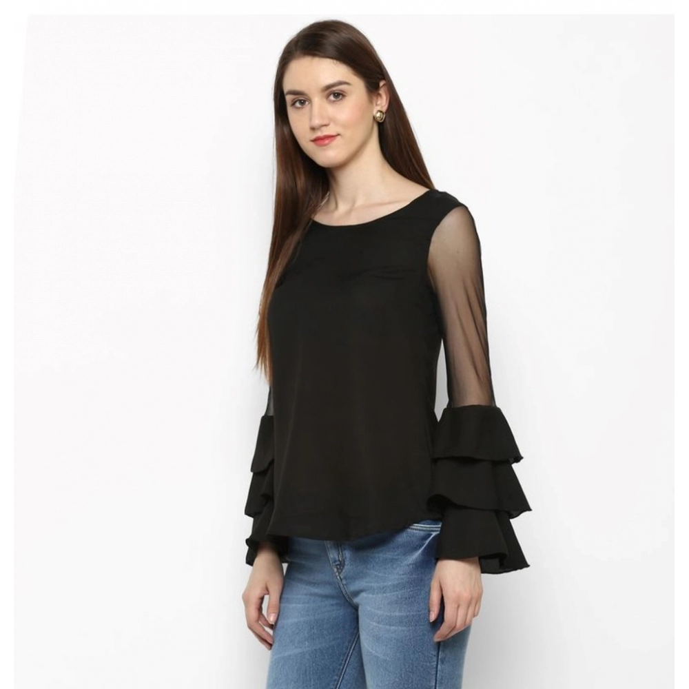 Generic Women's Polyester Solid Tier Sleeve Top (Black) - Image 3