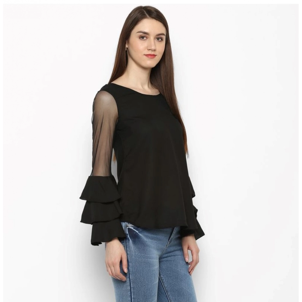 Generic Women's Polyester Solid Tier Sleeve Top (Black) - Image 4