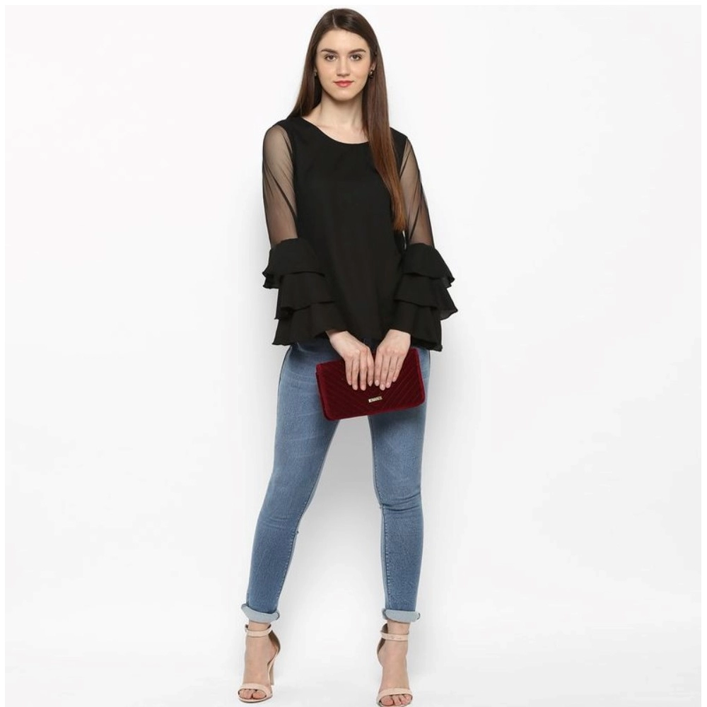 Generic Women's Polyester Solid Tier Sleeve Top (Black) - Image 6