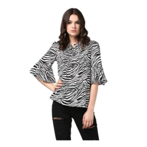 Generic Women's Polyester Animal Print Bell Sleeve Top (Black - White)