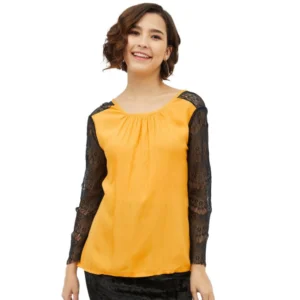 Generic Women's Rayon Lace Inserts Long Sleeves Top (Yellow)