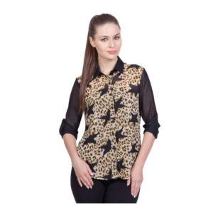 Generic Women's Polyester Printed Roll Up Sleeve Standard Length Shirt (Black)