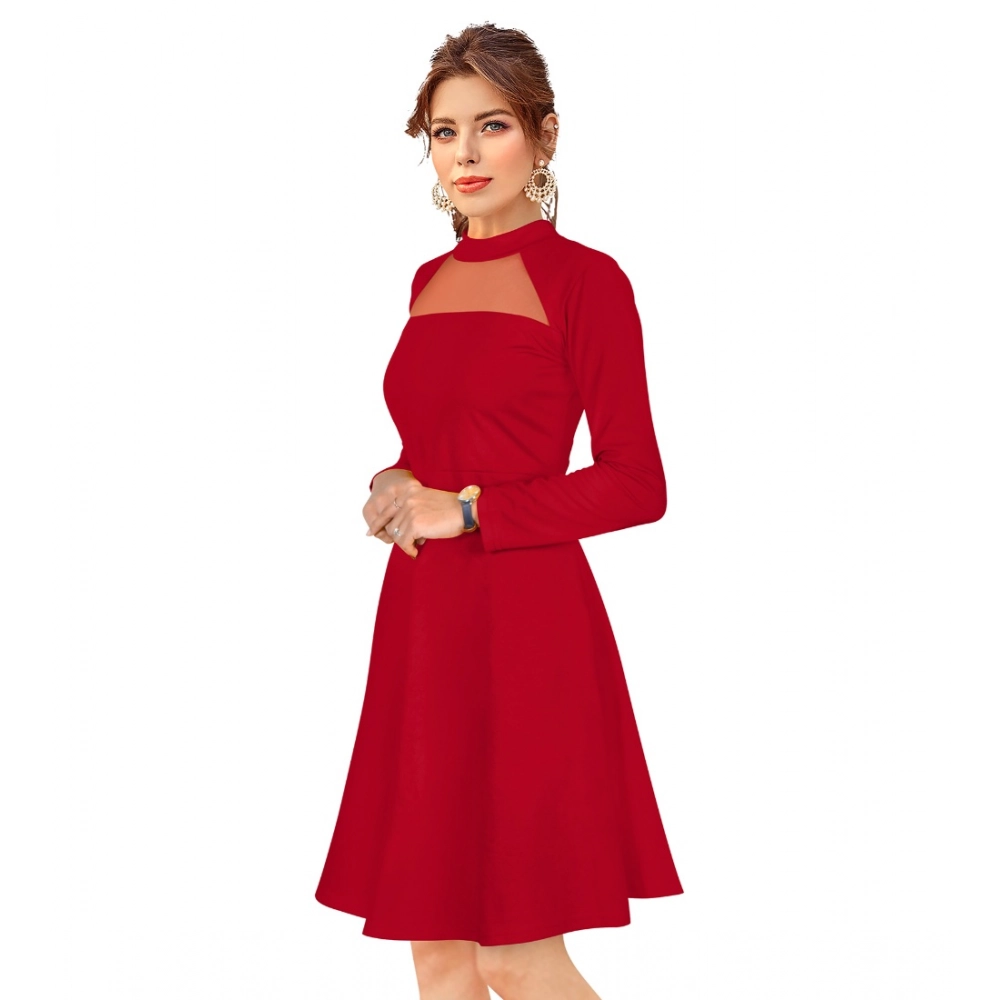 Generic Women's Knitting stretchable Solid Round Neck Full Sleeve Dress (Red) - Image 2