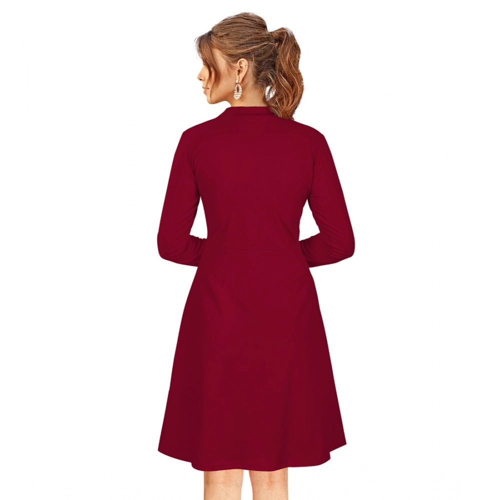 Generic Women's Knitting stretchable Solid Round Neck Full Sleeve Dress (Maroon) - Image 5