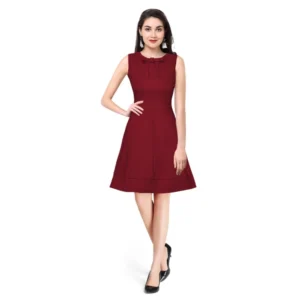 Generic Women's Polyester Solid Round Neck Sleeveless Dress (Maroon)