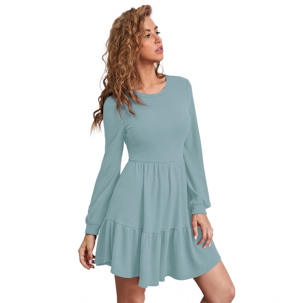 Generic Women's Knitting stretchable Solid Round Neck Full Sleeve Dress (Pista) - Image 4