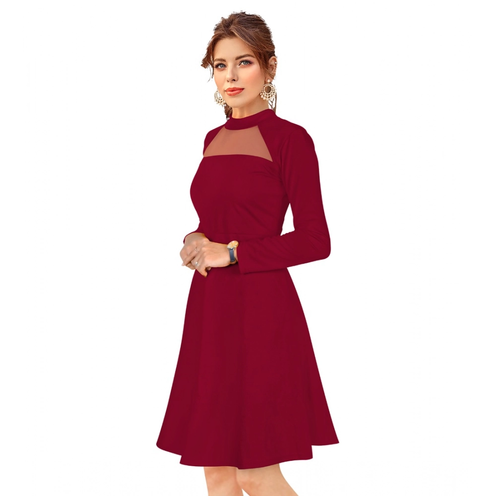 Generic Women's Knitting stretchable Solid Round Neck Full Sleeve Dress (Maroon) - Image 2