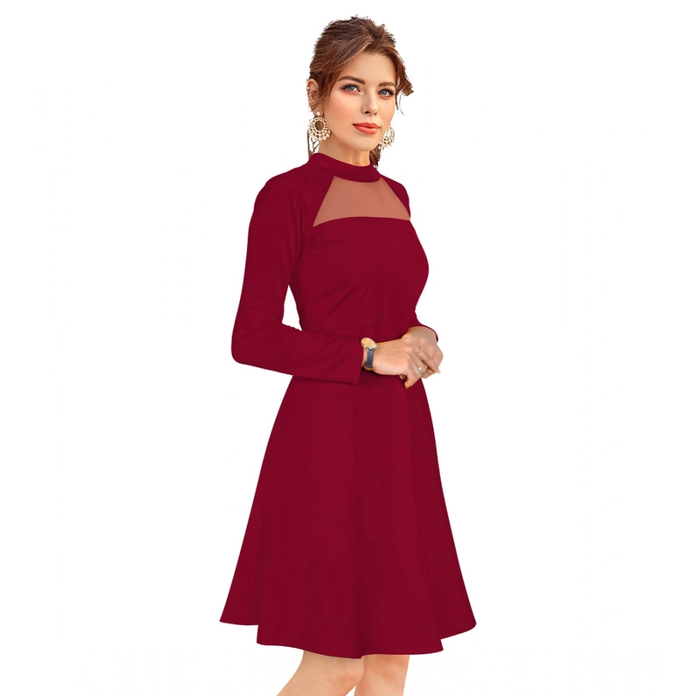 Generic Women's Knitting stretchable Solid Round Neck Full Sleeve Dress (Maroon) - Image 4