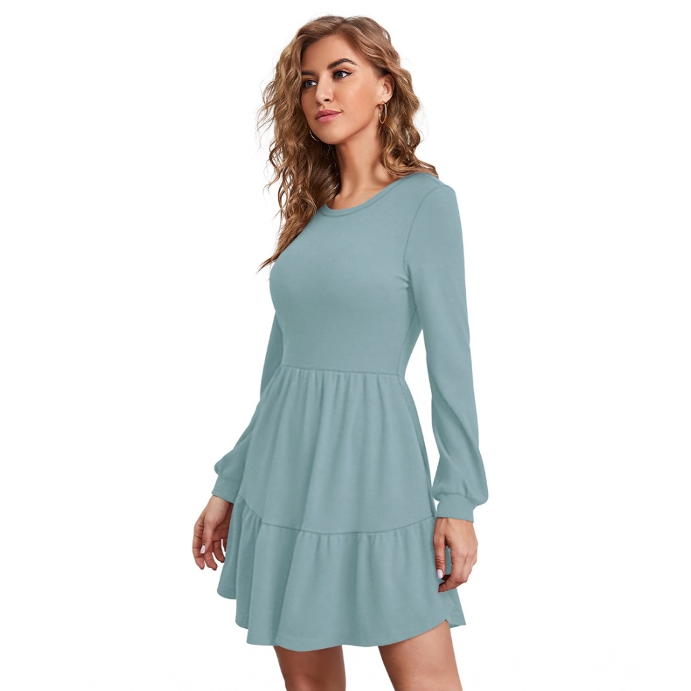 Generic Women's Knitting stretchable Solid Round Neck Full Sleeve Dress (Pista) - Image 2