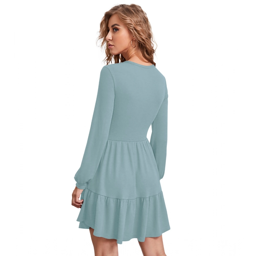 Generic Women's Knitting stretchable Solid Round Neck Full Sleeve Dress (Pista) - Image 5