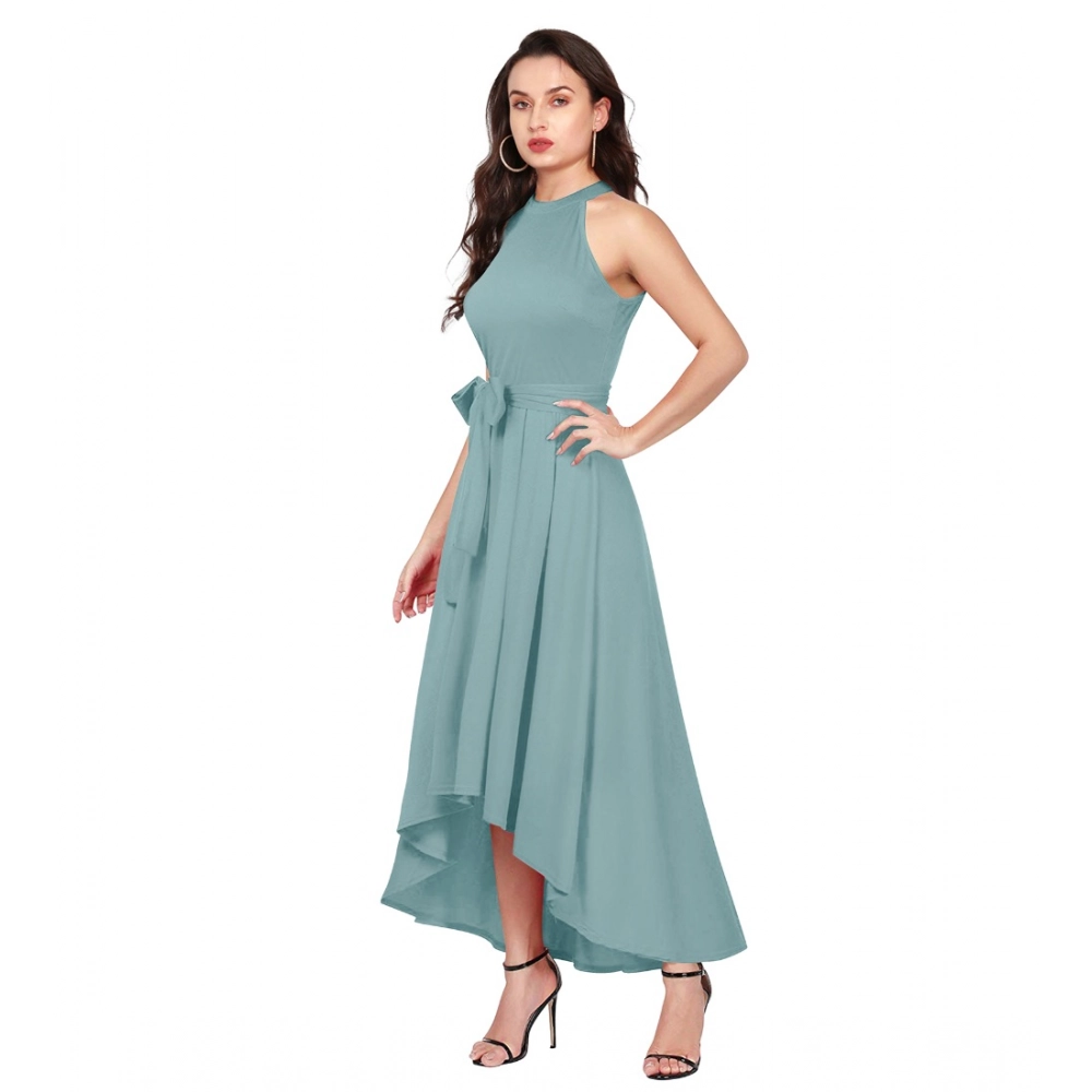 Generic Women's Polyester Solid Halter Neck Sleeveless Dress (Pista) - Image 4