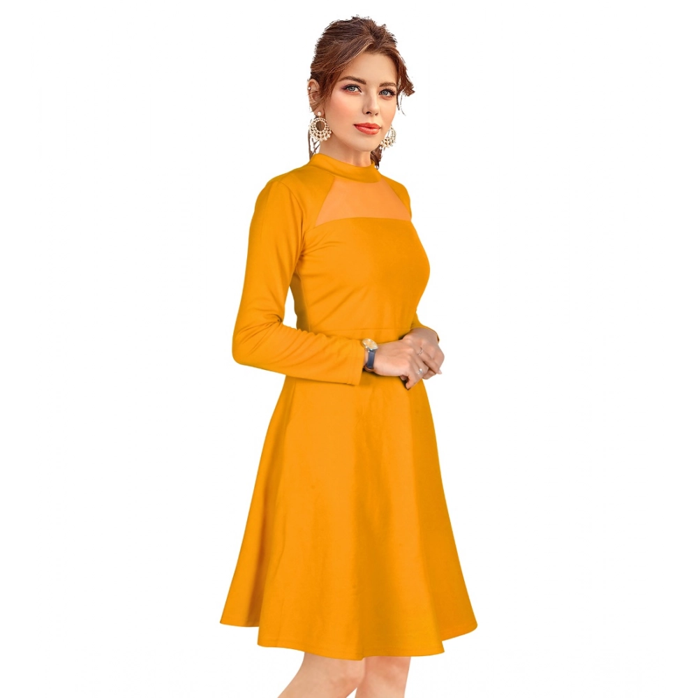 Generic Women's Knitting stretchable Solid Round Neck Full Sleeve Dress (Yellow) - Image 4