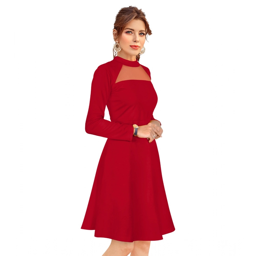 Generic Women's Knitting stretchable Solid Round Neck Full Sleeve Dress (Red) - Image 4