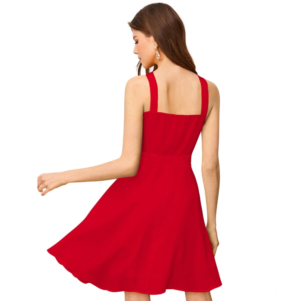 Generic Women's Knitting stretchable Solid Halter Neck Sleeveless Dress (Red ) - Image 5