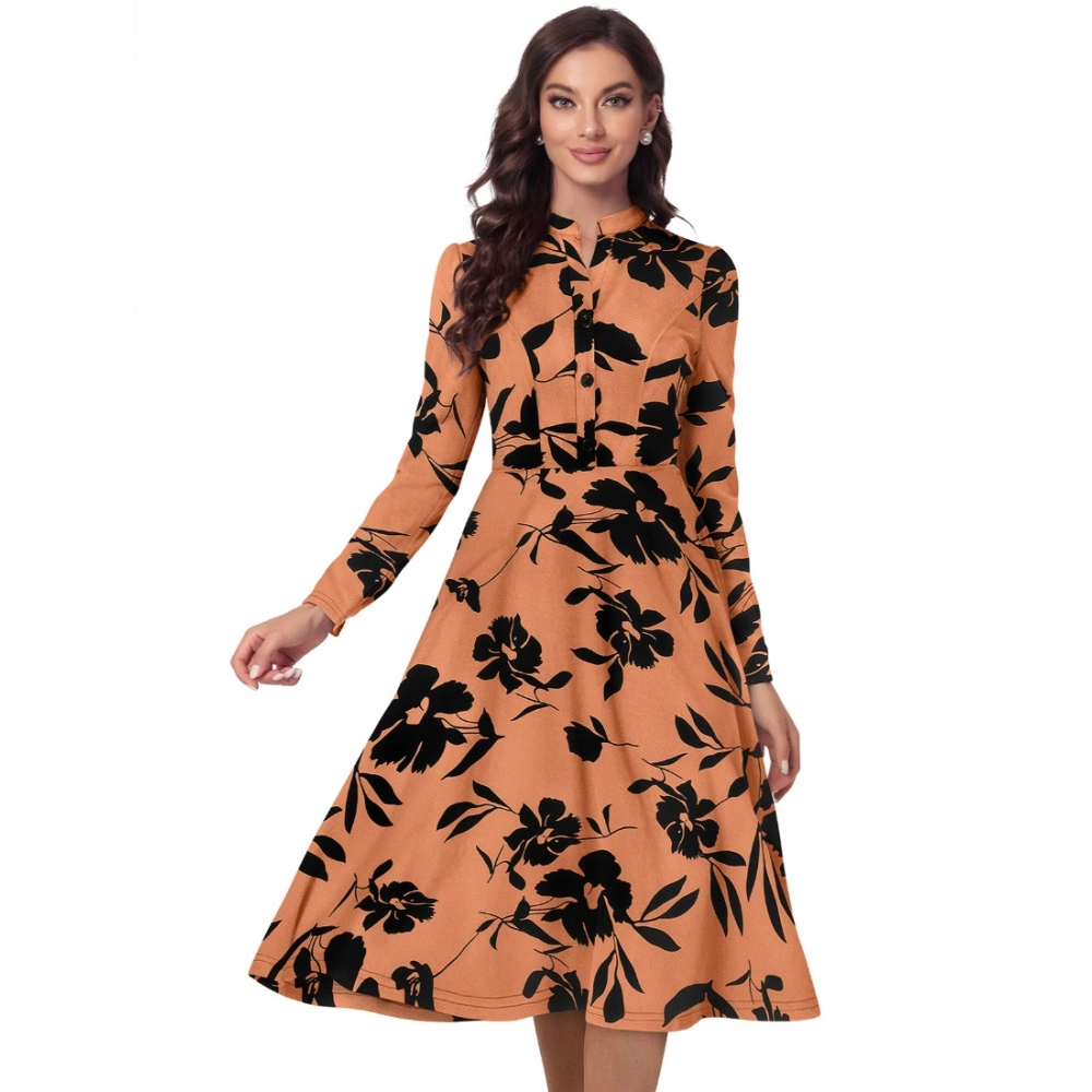 Generic Women's Knitting Printed V-Neck Full Sleeve Dress (Orange)