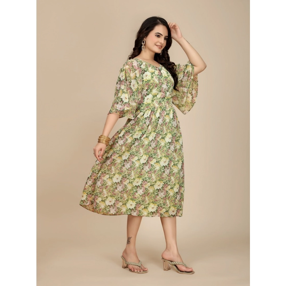 Generic Women's Georgette Printed Round Neck Short Sleeve Dress (Green) - Image 4