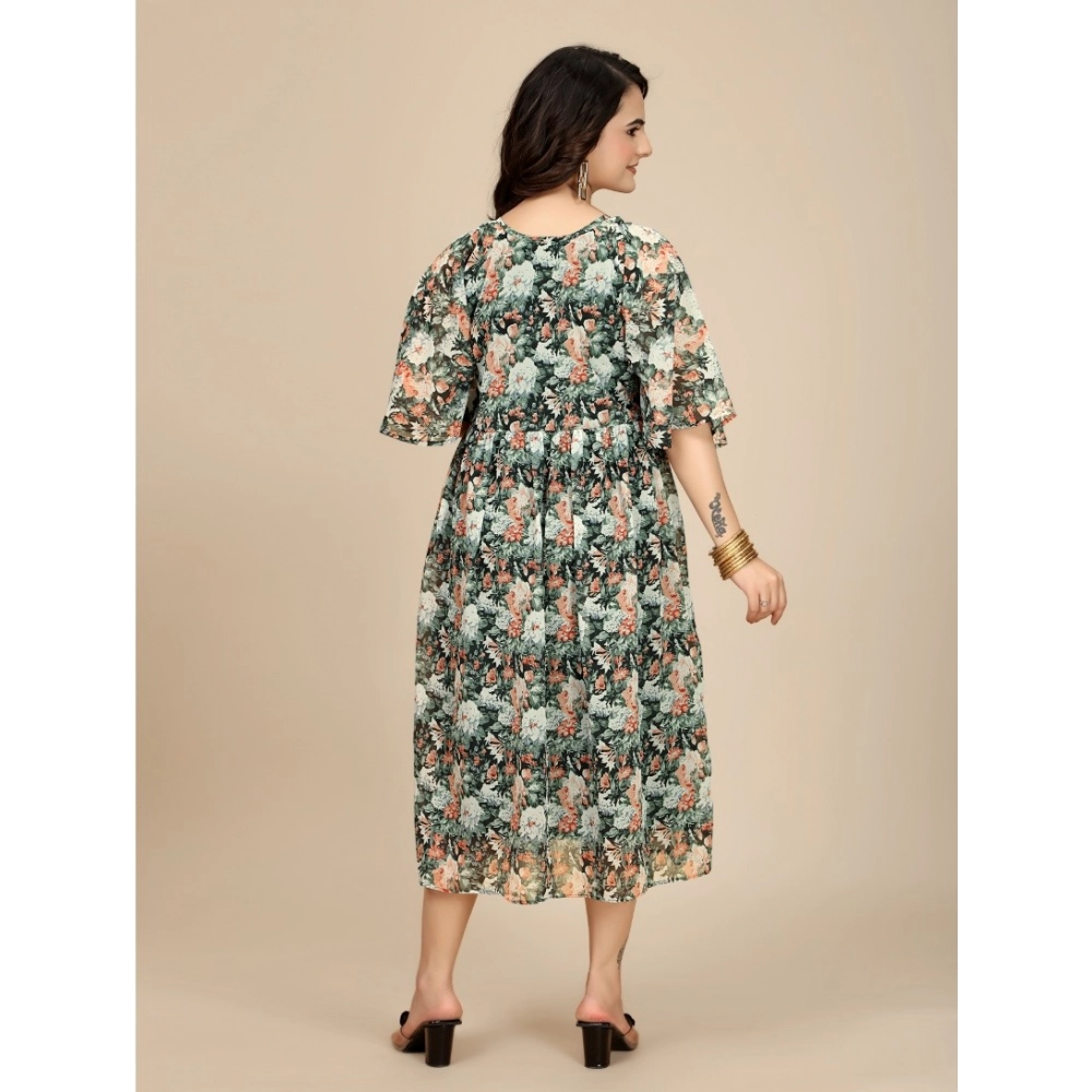 Generic Women's Georgette Printed Round Neck Short Sleeve Dress (Black) - Image 3