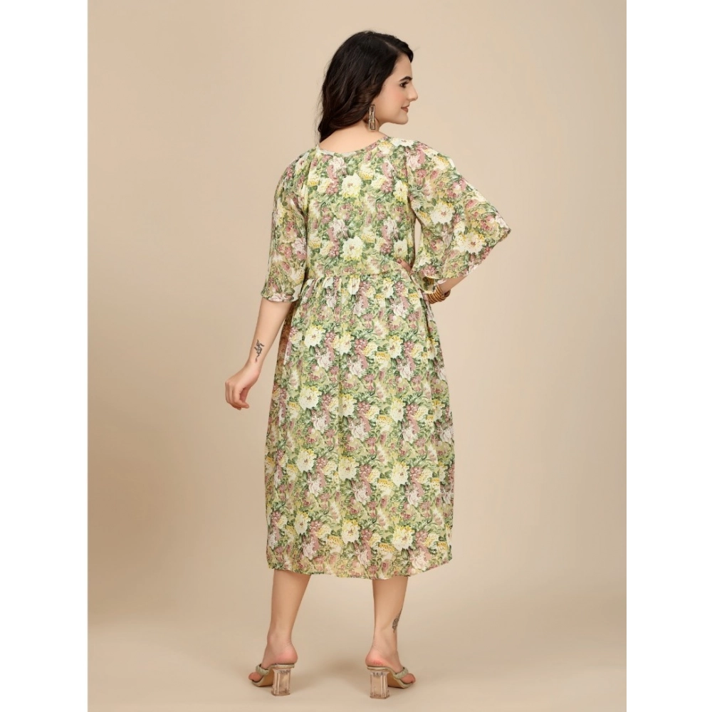 Generic Women's Georgette Printed Round Neck Short Sleeve Dress (Green) - Image 3