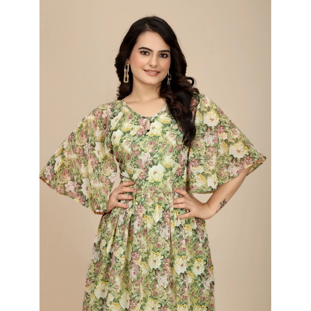 Generic Women's Georgette Printed Round Neck Short Sleeve Dress (Green) - Image 6