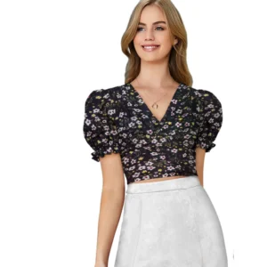 Generic Women's Knitting Printed V-Neck Puff Sleeve Tops (Black)