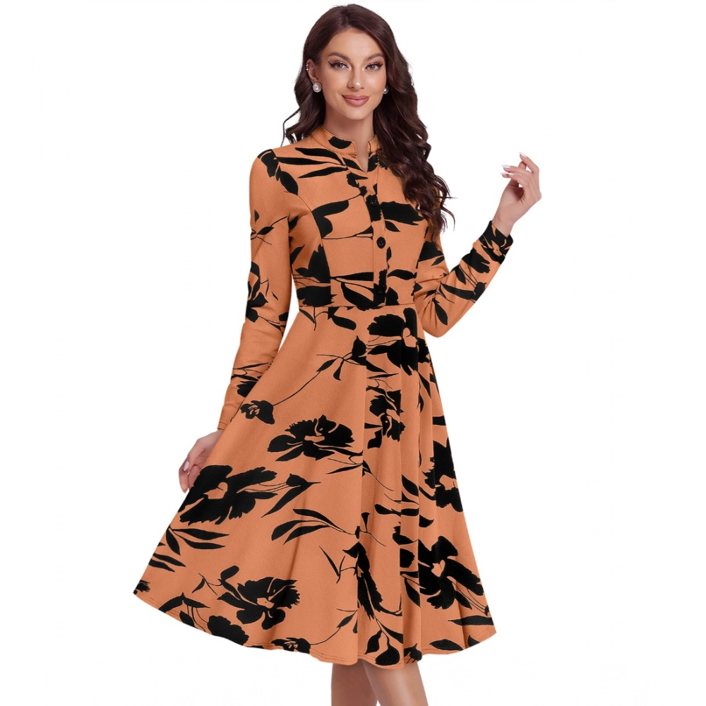 Generic Women's Knitting Printed V-Neck Full Sleeve Dress (Orange) - Image 6