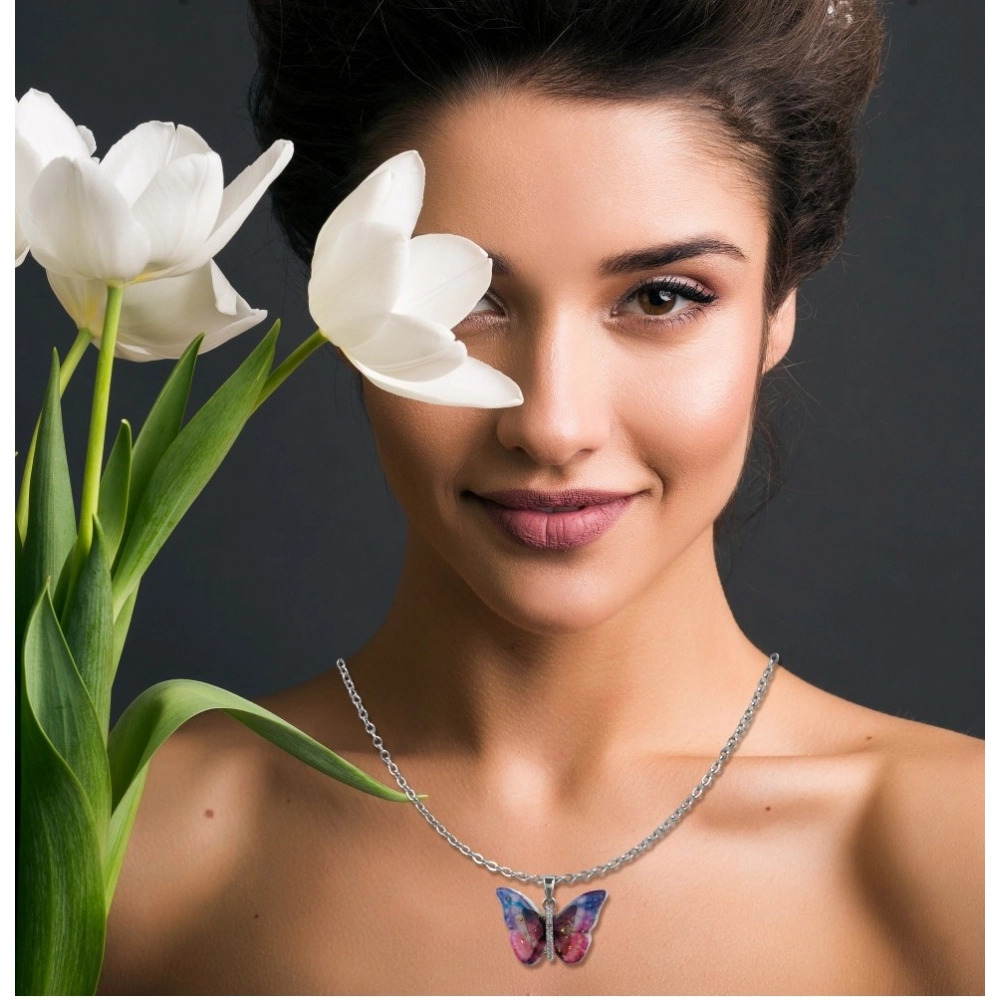 Generic Women's Stainless Steel Colorful Butterfly Pendent Dailywear chain (Silver Plated) - Image 2