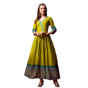 Generic Women's Cotton Blend Printed Anarkali Gown (Green)