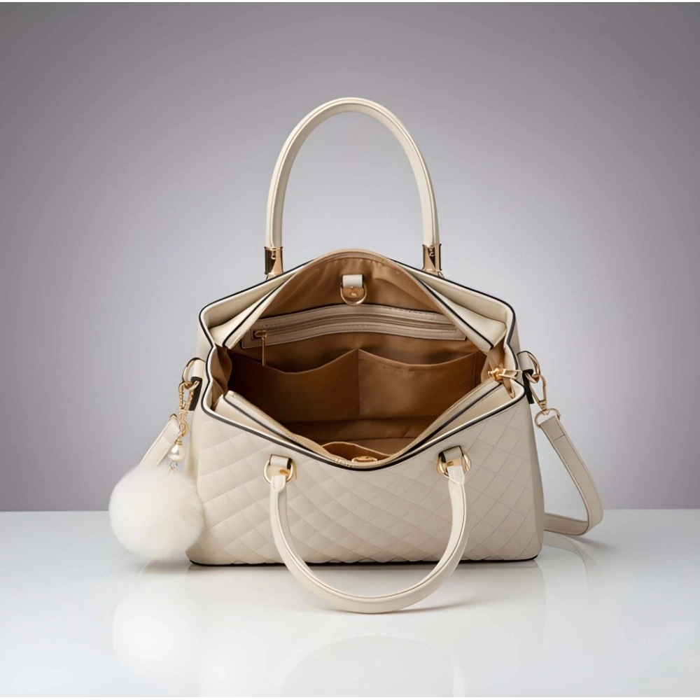 Generic Women's PU Leather Solid Shoulder Zipper Handbag (Cream) - Image 5