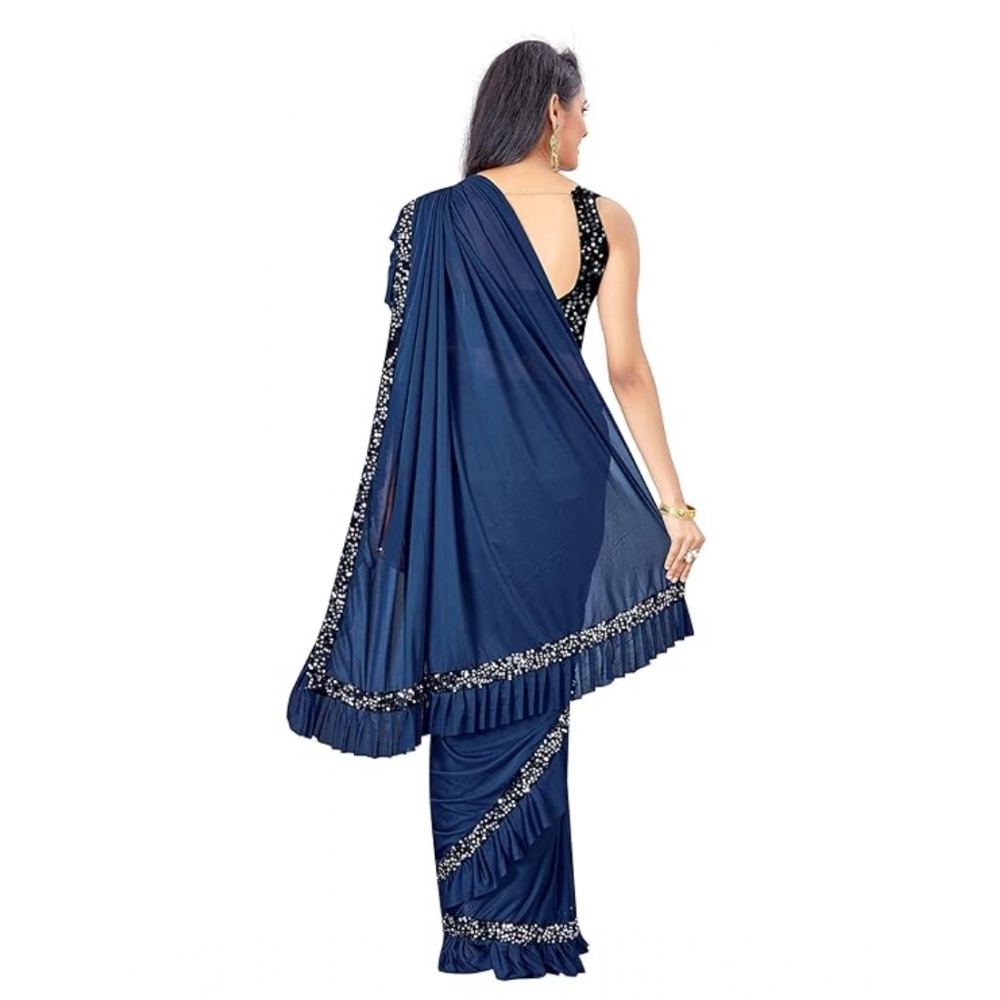 Generic Women's Lycra Solid Saree With Unstitched Blouse (Nay Blue, 5.5 Mtr) - Image 3