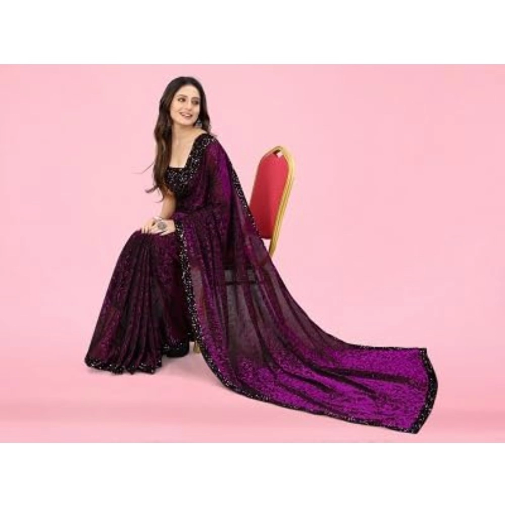 Generic Women's Lycra Floral Saree With Unstitched Blouse (Wine, 5.5 Mtr) - Image 3