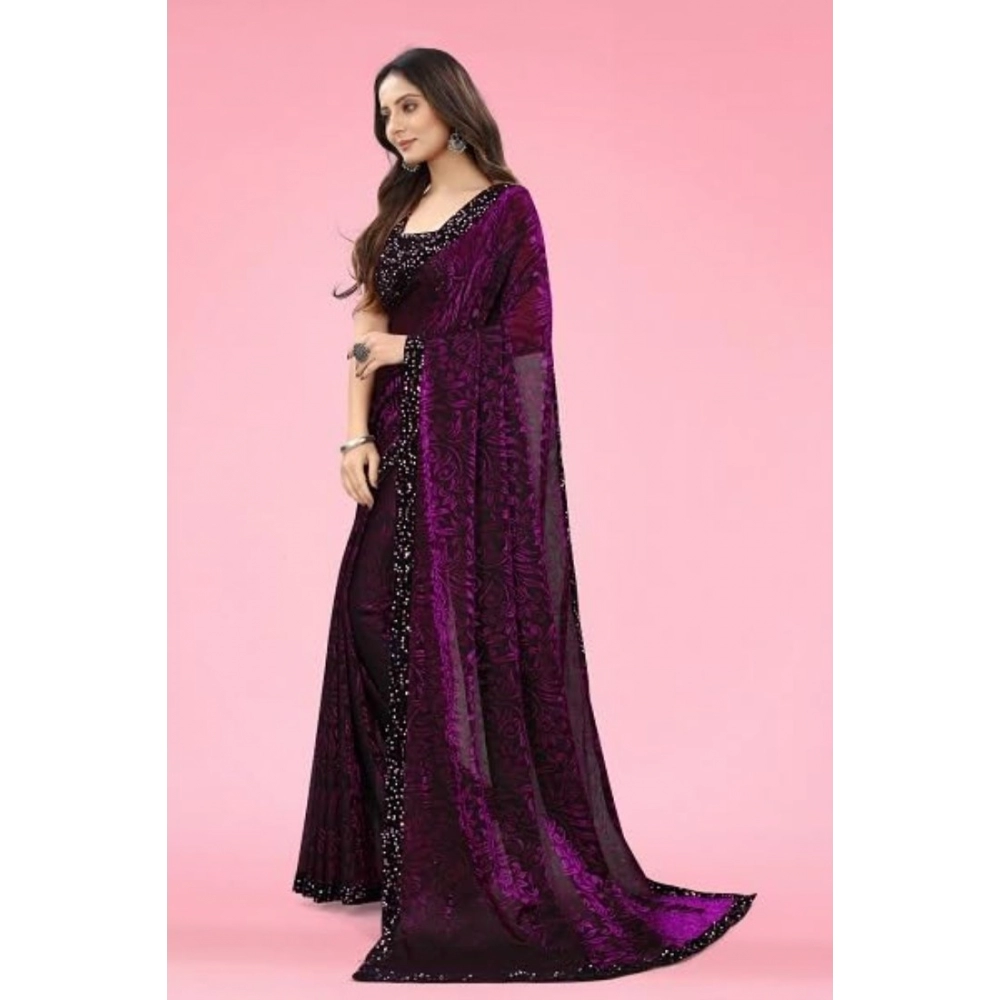 Generic Women's Lycra Floral Saree With Unstitched Blouse (Wine, 5.5 Mtr) - Image 4