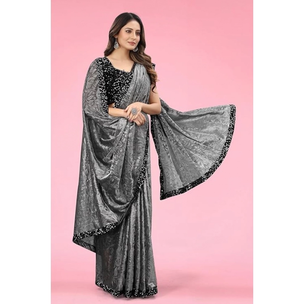 Generic Women's Lycra Floral Saree With Unstitched Blouse (Grey, 5.5 Mtr) - Image 4