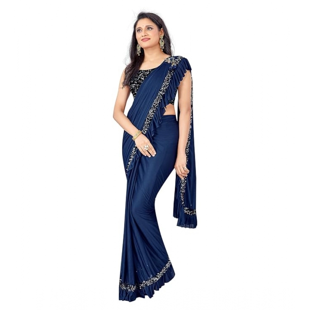 Generic Women's Lycra Solid Saree With Unstitched Blouse (Nay Blue, 5.5 Mtr) - Image 4