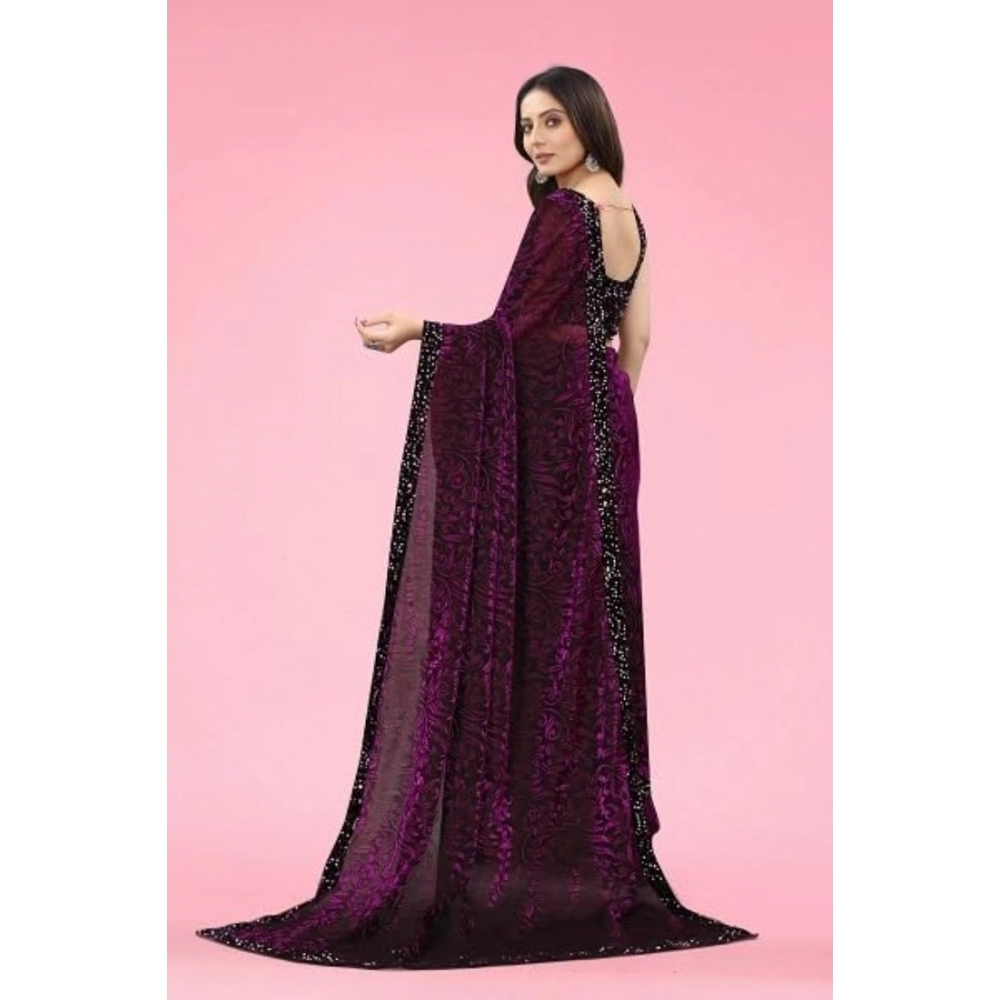 Generic Women's Lycra Floral Saree With Unstitched Blouse (Wine, 5.5 Mtr) - Image 5