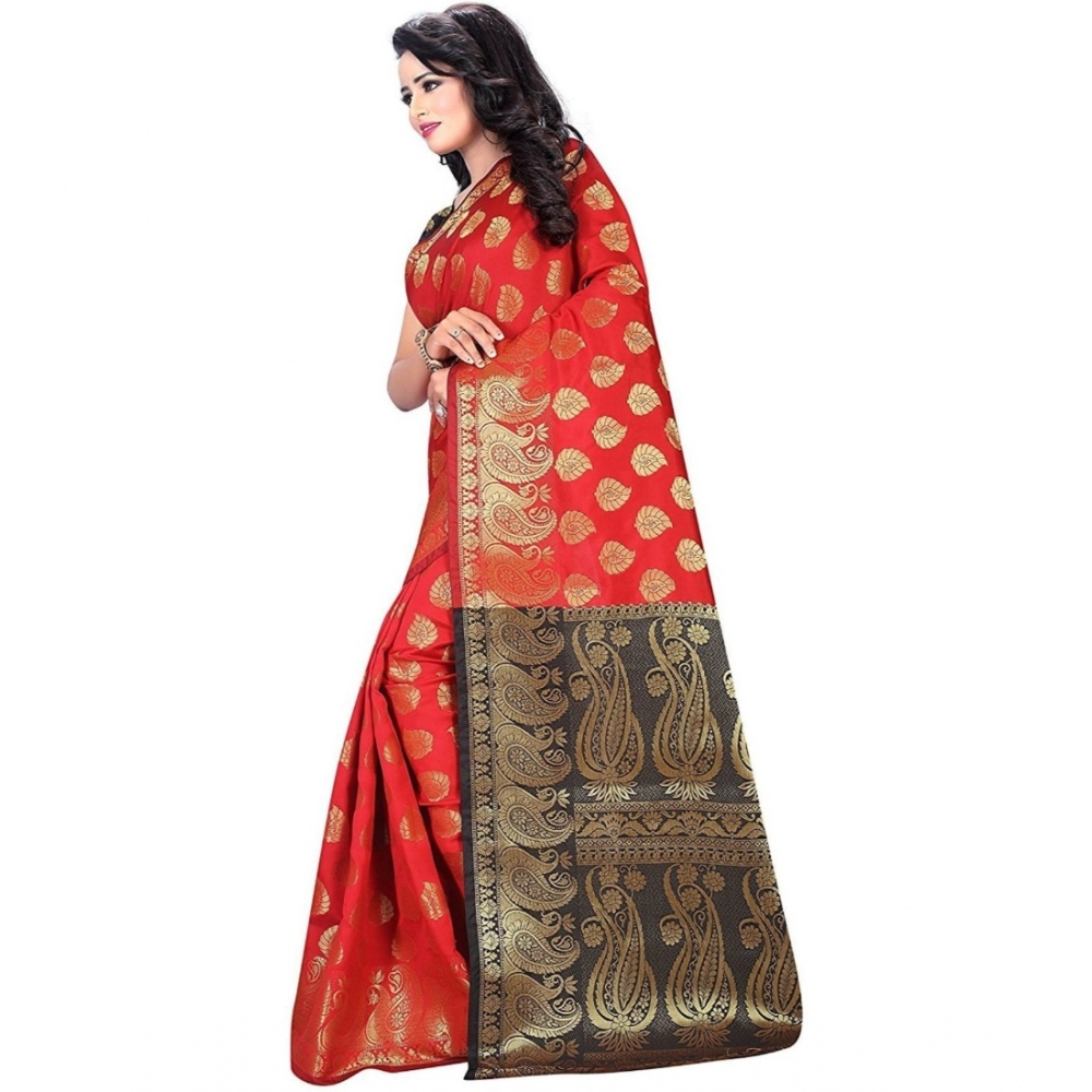 Generic Women's Jacquard Woven Saree With Unstitched Blouse 5.5Mtr (Red) - Image 3