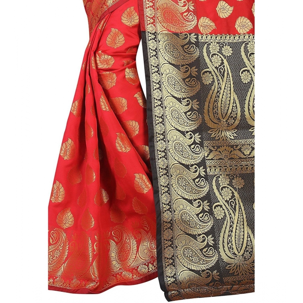 Generic Women's Jacquard Woven Saree With Unstitched Blouse 5.5Mtr (Red) - Image 2