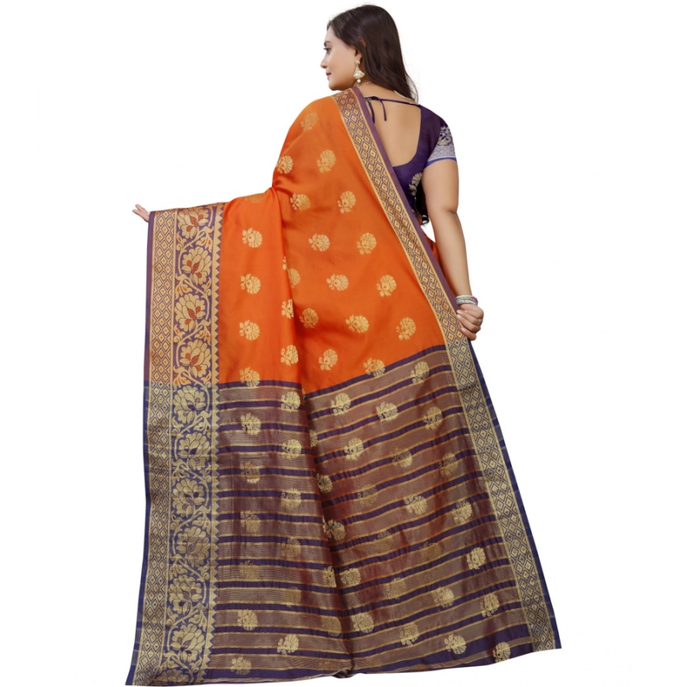 Generic Women's Silk Blend Woven Saree With Unstitched Blouse 5.5Mtr (Gold-Orange) - Image 4