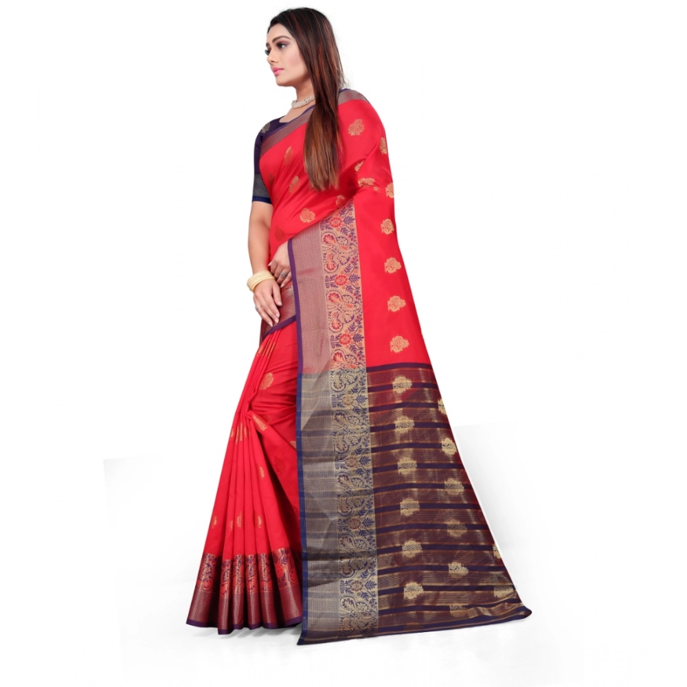 Generic Women's Silk Blend Woven Saree With Unstitched Blouse 5.5Mtr (Red) - Image 2