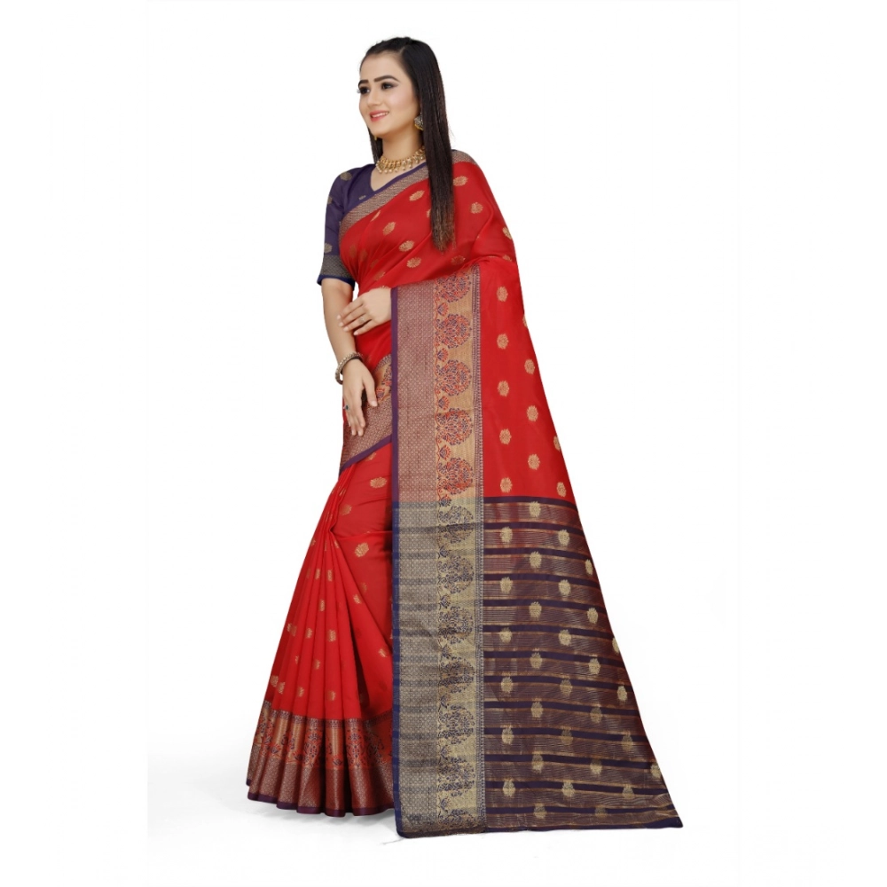 Generic Women's Jacquard Woven Saree With Unstitched Blouse 5.5Mtr (Red) - Image 2