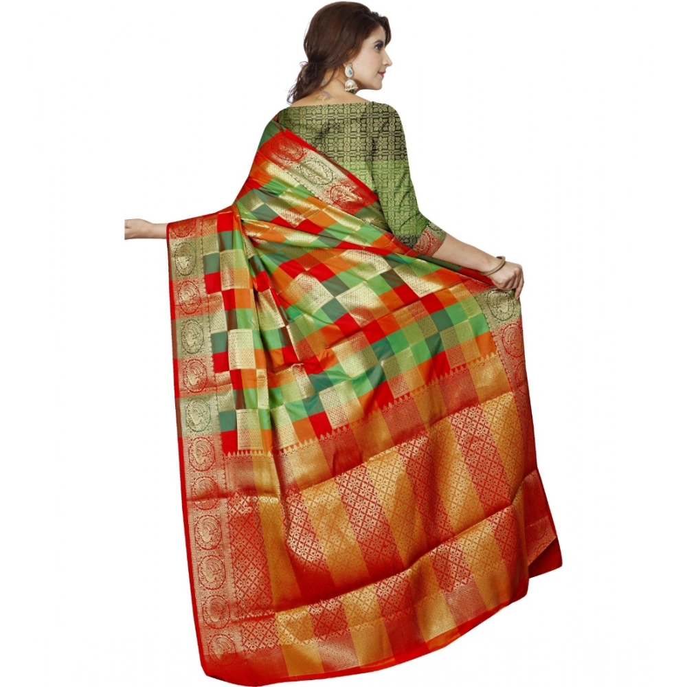 Generic Women's Jacquard Woven Saree With Unstitched Blouse 5.5Mtr (Red) - Image 3