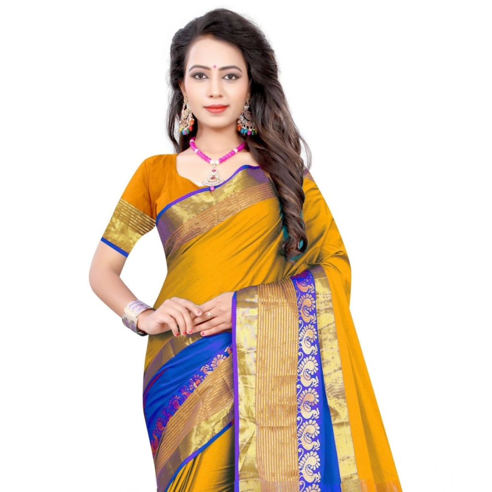 Generic Women's Jacquard Woven Saree With Unstitched Blouse 5.5Mtr (Yellow) - Image 2