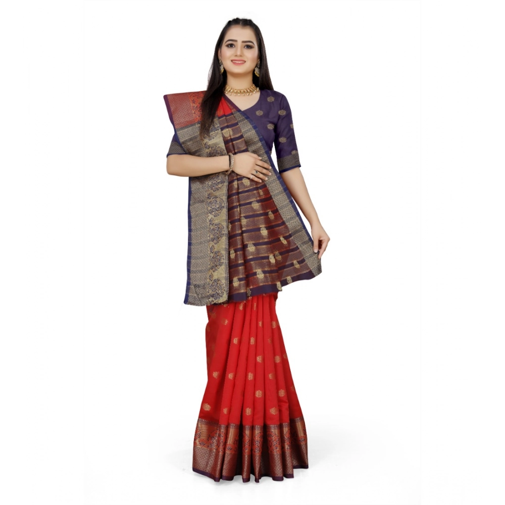Generic Women's Jacquard Woven Saree With Unstitched Blouse 5.5Mtr (Red) - Image 4